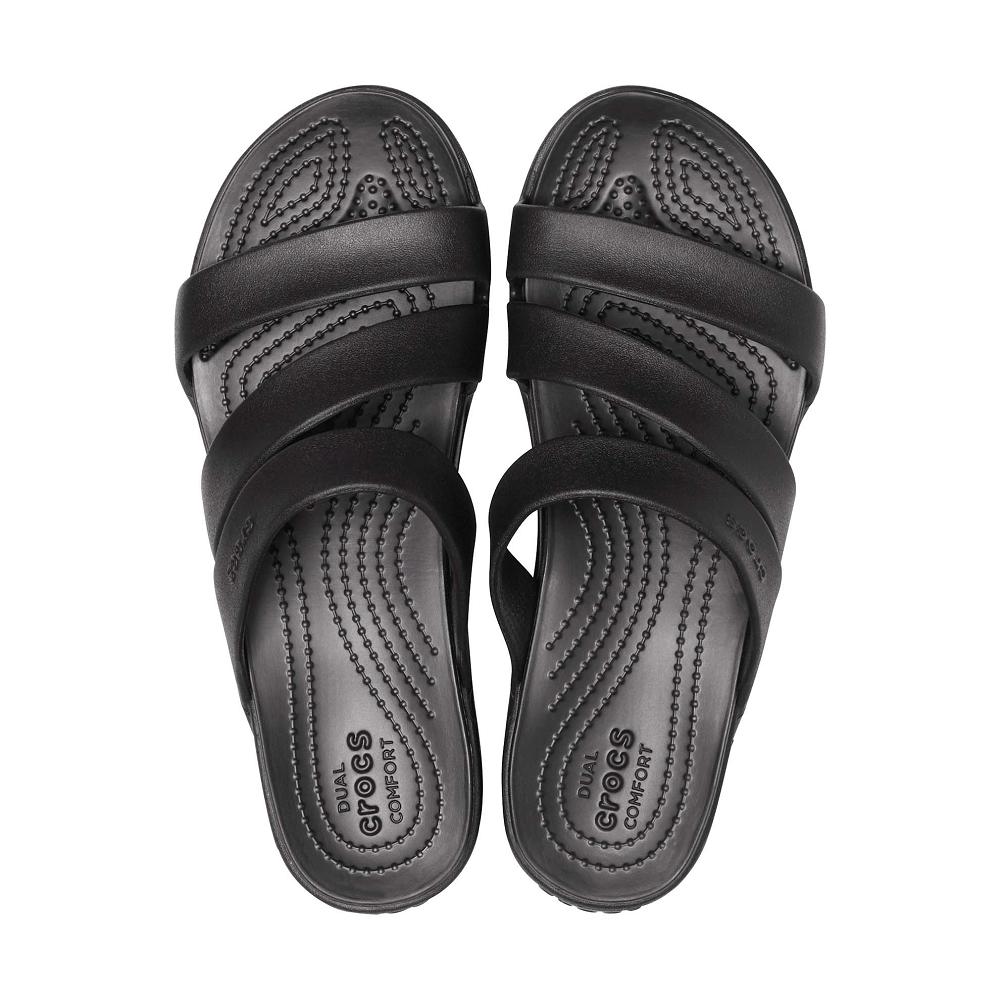 Black Women's Crocs Monterey Strappy Wedges | NZ 0632ILHS